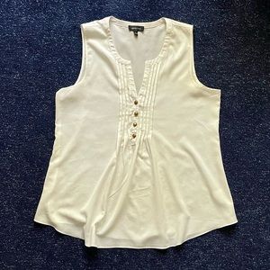 White sleeveless blouse w/ v-neck & bronze-gold buttons